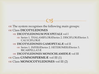 
 The system recognises the following main groups:
 Class DICOTYLEDONES
 DICOTYLEDONUM POLYPETALE vol I
 Series 1. THALAMIFLORÆSeries 2. DISCIFLORÆSeries 3.
CALYCIFLORÆ
 DICOTYLEDONES GAMOPETALÆ vol II
 Series 1. INFERÆSeries 2. HETEROMERÆSeries 3.
BICARPELLATÆ
 DICOTYLEDONES MONOCHLAMIDEÆ vol III
 Class GYMNOSPERMEÆ vol III (1)
 Class MONOCOTYLEDONES vol III (2)
 