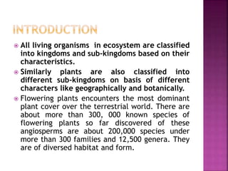  All living organisms in ecosystem are classified
into kingdoms and sub-kingdoms based on their
characteristics.
 Similarly plants are also classified into
different sub-kingdoms on basis of different
characters like geographically and botanically.
 Flowering plants encounters the most dominant
plant cover over the terrestrial world. There are
about more than 300, 000 known species of
flowering plants so far discovered of these
angiosperms are about 200,000 species under
more than 300 families and 12,500 genera. They
are of diversed habitat and form.
 