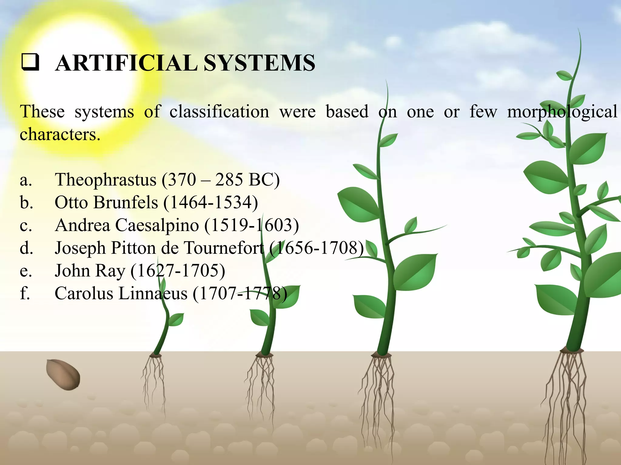  ARTIFICIAL SYSTEMS
These systems of classification were based on one or few morphological
characters.
a. Theophrastus (370 – 285 BC)
b. Otto Brunfels (1464-1534)
c. Andrea Caesalpino (1519-1603)
d. Joseph Pitton de Tournefort (1656-1708)
e. John Ray (1627-1705)
f. Carolus Linnaeus (1707-1778)
 