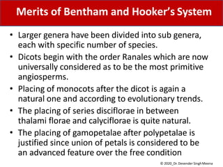 • Larger genera have been divided into sub genera,
each with specific number of species.
• Dicots begin with the order Ranales which are now
universally considered as to be the most primitive
angiosperms.
• Placing of monocots after the dicot is again a
natural one and according to evolutionary trends.
• The placing of series disciflorae in between
thalami florae and calyciflorae is quite natural.
• The placing of gamopetalae after polypetalae is
justified since union of petals is considered to be
an advanced feature over the free condition
Merits of Bentham and Hooker’s System
© 2020_Dr. Devender SinghMeena
 