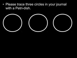• Please trace three circles in your journal
with a Petri-dish.
 