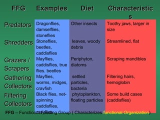 FFG          Examples              Diet         Characteristic
                                                        s
Predators     Dragonflies,      Other insects      Toothy jaws, larger in
              damselflies,                         size
              stoneflies
Shredders Stoneflies,            leaves, woody Streamlined, flat
              beetles,          debris
              caddisflies
Grazers / Mayflies,             Periphyton,        Scraping mandibles
              caddisflies, true diatoms
Scrapers flies, beetles
Gathering Mayflies,              settled           Filtering hairs,
              worms, midges, particles,            hemoglobin
Collectors crayfish             bacteria
Filtering     Black flies, net- phytoplankton, Some build cases
              spinning          floating particles (caddisflies)
Collectors caddisflies,
              mayflies
FFG – Functional Feeding Group ( Characterizes functional Organization)
 