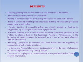 DEMERITS
 Keeping gymnosperms in between dicots and monocots is anomalous.
 Subclass monochlamydeae is quite artificial.
 Placing of monochlamydeae after gamopetalae does not seem to be natural.
 Some of the closely related species are placed distantly while distant species are
placed close to each other.
 Certain families of monochlamydeae are closely related to families in
Polypetalae, e.g. Chenopodiaceae and Caryophyllaceae
 Advanced families, such as Orchiadaceae have been considered primitive in this
system by placing them in the beginning. Placing of Orchiadaceae in the
beginning of monocotyledons is unnatural as it is one of the most advanced
families of monocots.
 Similarly, Compositae (Asteraceae) has been placed near the beginning of
gamopetalae which is quite unnatural.
 Liliaceae and Amaryllidaceae were kept apart merely on the basis of characters
of ovary though they are very closely related.
 There were no phylogenetic consideration as it was published before Darwinian
concept of evolution.
 