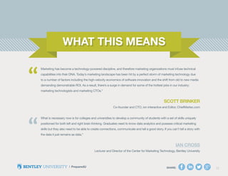 SHARE: 11
Marketing has become a technology-powered discipline, and therefore marketing organizations must infuse technical
capabilities into their DNA. Today’s marketing landscape has been hit by a perfect storm of marketing technology due
to a number of factors including the high-velocity economics of software innovation and the shift from old to new media
demanding demonstrable ROI. As a result, there’s a surge in demand for some of the hottest jobs in our industry:
marketing technologists and marketing CTOs.“
Scott Brinker
Co-founder and CTO, ion interactive and Editor, ChiefMartec.com
What is necessary now is for colleges and universities to develop a community of students with a set of skills uniquely
positioned for both left and right brain thinking. Graduates need to know data analytics and possess critical marketing
skills but they also need to be able to create connections, communicate and tell a good story. If you can’t tell a story with
the data it just remains as data.”
Ian Cross
Lecturer and Director of the Center for Marketing Technology, Bentley University
“ WHAT THIS MEANS
“
“
WHAT THIS MEANS
 