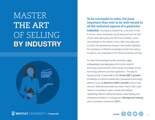 SHARE: 14
To be successful in sales, it’s more
important than ever to be well-versed in
all the technical aspects of a particular
industry. According to Daniel Pink, in his book To Sell
is Human, some companies may be losing as much as 40%
of their sales talent going into 2016 due to attrition, which
will contribute to the creation of two million new sales jobs
by 2020. This generational change in the industry highlights
the importance of effective knowledge transfer from retiring
workers to new employees in the critical onboarding process.
To make the knowledge transfer successful, sales
professionals must keep pace with industry-specific
technology advancements which require knowledge of both
technology platforms and their application. The area for
highest growth in sales skills is with Oracle (382% growth).
Knowledge of customer relationship management technology
platforms such as Salesforce (292% growth) is also in high
demand. While technical skills are critical, there is still a clear
need for universities to teach courses that address
negotiating, effective selling techniques, sales strategy and
interpersonal relations in management. Management training
saw an increase in demand by 321%.
Master
the Art
of Selling
By Industry
 