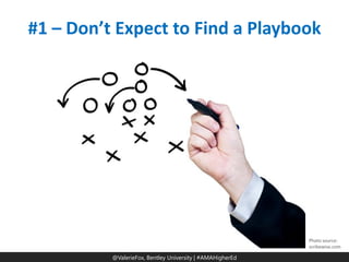 @ValerieFox | @AMA Hashtag 
@ValerieFox, Bentley University | #AMAHigherEd 
#1 – Don’t Expect to Find a Playbook 
Photo source: scribewise.com  