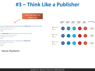 @ValerieFox | @AMA Hashtag 
@ValerieFox, Bentley University | #AMAHigherEd 
#3 – Think Like a Publisher 
Trending topics on Millennials 
Source: BuzzSumo  