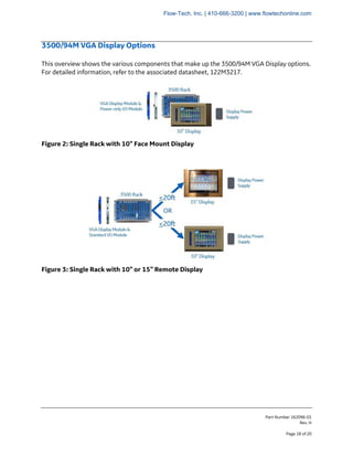 Part Number 162096-01
Rev. H
Page 18 of 20
3500/94M VGA Display Options
This overview shows the various components that make up the 3500/94M VGA Display options.
For detailed information, refer to the associated datasheet, 122M3217.
Figure 2: Single Rack with 10” Face Mount Display
Figure 3: Single Rack with 10” or 15” Remote Display
Flow-Tech, Inc. | 410-666-3200 | www.flowtechonline.com
 