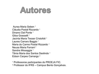 Aurea Maria Seben  1 Cláudia Postal Rizzardo  1 Dinanci Dal Ponte  1 Gilce Grasselli  1 Jacinta Maria Tesser Cristofoli  1 Laures Carraro Baggio  1 Maria do Carmo Postal Rizzardo  1 Neusa Maria Ferrarri  1 Sandra Missaggia  1 Tânia Maria dos Santos Deolindo  1 Edson Carpes Camargo  2 1  Professoras participantes do PROEJA FIC. 2  Professor do IFRS – Campus Bento Gonçalves. 
