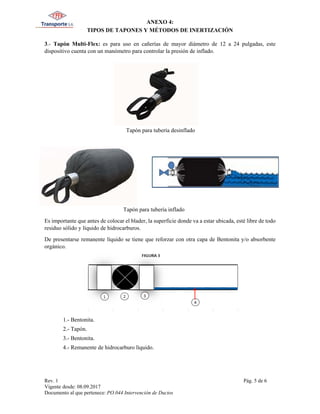 ANEXO 4:
TIPOS DE TAPONES Y MÉTODOS DE INERTIZACIÓN
Rev. 1 Pág. 5 de 6
Vigente desde: 08.09.2017
Documento al que pertenece: PO.044 Intervención de Ductos
3.- Tapón Multi-Flex: es para uso en cañerías de mayor diámetro de 12 a 24 pulgadas, este
dispositivo cuenta con un manómetro para controlar la presión de inflado.
Tapón para tubería desinflado
Tapón para tubería inflado
Es importante que antes de colocar el blader, la superficie donde va a estar ubicada, esté libre de todo
residuo sólido y líquido de hidrocarburos.
De presentarse remanente líquido se tiene que reforzar con otra capa de Bentonita y/o absorbente
orgánico.
1.- Bentonita.
2.- Tapón.
3.- Bentonita.
4.- Remanente de hidrocarburo líquido.
 
