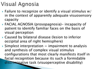    Failure to recognize or identify a visual stimulus w/
    in the context of apparently adequate visuosensory
    capacity
   FACIAL AGNOSIA (prosopagnosia)- incapacity of
    patient to identify familiar faces on the basis of
    visual perception
   Caused by bilateral disease (lesion to inferior
    occipital area of right hemisphere)
   Simplest interpretation = impairment to analysis
    and synthesis of complex visual stimulus
    configurations that most clearly manifests itself in
    facial recognition because its such a formidable
    discriminative task (visuoperceptive disability)
 