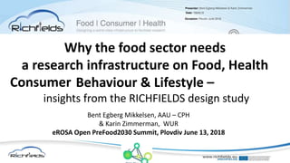 Presenter: Bent Egberg Mikkelsen & Karin Zimmerman
Date: 13|06|18
Occasion: Plovdiv June 2018
Why the food sector needs
a research infrastructure on Food, Health
Behaviour & Lifestyle –
insights from the RICHFIELDS design study
Bent Egberg Mikkelsen, AAU – CPH
& Karin Zimmerman, WUR
eROSA Open PreFood2030 Summit, Plovdiv June 13, 2018
Consumer
 
