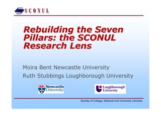 Rebuilding the Seven
Pillars: the SCONUL
Research Lens

Moira Bent Newcastle University
Ruth Stubbings Loughborough University



                    Society of College, National and University Libraries
 