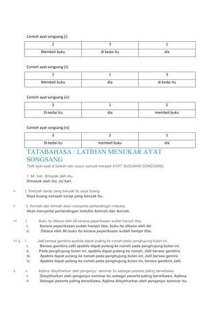 Contoh ayat songsang (i)
                        2                               3                               1
                 Membeli buku                      di kedai itu                        dia


         Contoh ayat songsang (ii)
                        2                               1                               3
                 Membeli buku                          dia                         di kedai itu


         Contoh ayat songsang (iii)
                        3                               1                               2
                   Di kedai itu                        dia                        membeli buku


         Contoh ayat songsang (iv)
                        3                               2                               1
                   Di kedai itu                  membeli buku                          dia

         TATABAHASA : LATIHAN MENUKAR AYAT
         SONGSANG
         Teliti ayat-ayat di bawah dan susun semula menjadi AYAT SUSUNAN SONGSANG.

         1. Mi kari dimasak oleh ibu.
         Dimasak oleh ibu ,mi kari.

<       2. Sampah sarap yang banyak itu saya buang .
         Saya buang sampah sarap yang banyak itu.

<       3. Aminah dan Amnah akan menyertai pertandingan melukis.
        Akan menyertai pertandingan melukis Aminah dan Amnah.

<!      2.      Buku itu dibaca oleh Ali kerana peperiksaan sudah hampir tiba.
         i.     Kerana peperiksaan sudah hampir tiba, buku itu dibaca oleh Ali
         ii.     Dibaca oleh Ali buku itu kerana peperiksaan sudah hampir tiba.

<!--[   3.      Jalil berasa gembira apabila dapat pulang ke rumah pada penghujung bulan ini.
         i.      Berasa gembira Jalil apabila dapat pulang ke rumah pada penghujung bulan ini.
         ii.     Pada penghujung bulan ini, apabila dapat pulang ke rumah, Jalil berasa gembira.
         iii.    Apabila dapat pulang ke rumah pada penghujung bulan ini, Jalil berasa gemira
         iv.     Apabila dapat pulang ke rumah pada penghujung bulan ini, berasa gembira Jalil.

4.      4.      Aqlima diisytiharkan oleh penganjur seminar itu sebagai peserta paling berwibawa.
         i.      Diisytiharkan oleh penganjur seminar itu sebagai peserta paling berwibawa, Aqlima.
         ii      Sebagai peserta paling berwibawa, Aqlima diisytiharkan oleh penganjur seminar itu.
 