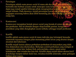 a.   Persaingan
     Persaingan adalah suatu proses sosial di mana ada dua pihak atau lebih saling
     berlomba dan berbuat sesuatu untuk mencapai suatu kemenangan. Persaingan
     dapat juga terjadi apabila beberapa pihak menginginkan sesuatu yang jumlahnya
     sangat terbatas. Pada dasarnya, terjadi persaingan karena ada perasaan atau
     anggapan seseorang bahwa akan lebih beruntung jika tidak bekerja sama dengan
     orang lain.

b.   Kontravensi
     Kontravensi merupakan bentuk proses sosial yang berada di antara persaingan
     dan pertikaian. Hal ini ditandai dengan sikap ketidak pastian, keraguan,
     penolakan yang tidak diungkapkan secara terbuka sehingga terjadi pertikaian.

c.   Konflik
     konflik adalah suatu proses sosial di mana individu atay kelompok berusaha
     memenuhi tujuannya dengan jalan menentang pihak lawan yang disertai dengan
     ancaman dan kekerasan.
     Konflik terjadi karena adanya perbedaan-perbedaan di masyarakat yang tidak
     bisa didamaikan atau diselesaikan. Beberapa contoh perbedaan yang terdapat di
     masyarakat antara lain: kedaan fisik, pola perilaku, emosi, unsur-unsur
     kebudayaan, adat istiadat,dan lain-lain. Konflik dapat terjadi dalam ukuran kecil
     di keluarga maupun dalam skala luas, misalnya konflik antarsuku, antar golongan
     bahkan antar negara.
 
