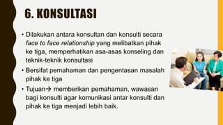 6. KONSULTASI
• Dilakukan antara konsultan dan konsulti secara
face to face relationship yang melibatkan pihak
ke tiga, memperhatikan asa-asas konseling dan
teknik-teknik konsultasi
• Bersifat pemahaman dan pengentasan masalah
pihak ke tiga
• Tujuan memberikan pemahaman, wawasan
bagi konsulti agar komunikasi antar konsulti dan
pihak ke tiga menjadi lebih baik.
 