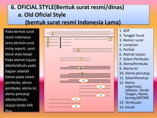 6. OFICIAL STYLE(Bentuk surat resmi/dinas)
a. Old Oficial Style
(bentuk surat resmi Indonesia Lama)
Pada bentuk surat
resmi Indonesia
lama bentuk surat
mirip seperti semi
block style tetapi
Pada alamat tujuan
diketik/ditulis pada
bagian sebelah
Kanan.pada salam
pembuka, alenia
pembuka, alenia isi,
alenia penutup
diketik/ditulis
sejajar tanda titik
Dua.
1
23
4
5
6
7
8
9
10
11
12
13
14
1. KOP
2. Tanggal Surat
3. Nomor surat
4. Lampiran
5. Perihal
6. Alamat tujuan
7. Salam Pembuka
8. AleniaPembuka
9. Alenia Isi
10. Alenia penutup
11. SalamPenutup
12. Nama
organisasi,
Jabatan, Tanda
Tangan, Nama
terang,NIP/NIK
13. Tembusan
14. Inisial
10
 