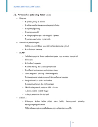 BENTUK-BENTUK BADAN USAHA

3.2. Permasalahan pada setiap Badan Usaha.


Koperasi :
 Koperasi jarang di minati.
 Kualitas sumber daya manusia yang terbatas
 Banyaknya pesaing
 Kurangnya modal
 Kurangnya partisipasi dari anggota koperasi
 Kurangnya perhatian pemerintah



Perusahaan perseorangan :
 Sulitnya membedakan uang perusahaan dan uang pribadi
 Keterbatasan investasi



BUMN :
 Sulit berkompetisi dalam mekanisme pasar yang semakin kompetitif
 Inefisiensi
 Kelebihan karyawan
 Kualitas barang dan jasa (output) rendah
 Rugi berkelanjutan dan peningkatan utang
 Tidak responsif terhadap kebutuhan public
 Ketiadaan dana untuk memenuhi kebutuhan re-investasi
 Integrasi vertical secara berlebihan
 Beragamnya tujuan dan pertentangan
 Misi lembaga salah arah dan tidak relevan
 Adanya praktik-praktik illegal
 Adanya pencurian dan korupsi



FIRMA :
 Hubungan kedua belah pihak stake holder berpengaruh terhadap
kelangsungan perusahaan.
 Tidak ada pemisah antara kekayaan perusahaan dan pemilik.

18

 
