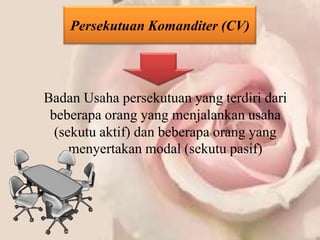 Persekutuan Komanditer (CV)




Badan Usaha persekutuan yang terdiri dari
 beberapa orang yang menjalankan usaha
  (sekutu aktif) dan beberapa orang yang
     menyertakan modal (sekutu pasif)
 