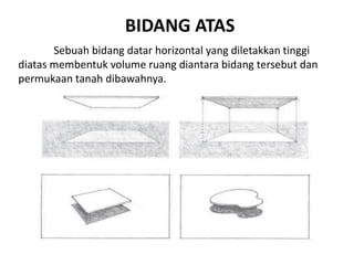 BIDANG ATAS 
Sebuah bidang datar horizontal yang diletakkan tinggi 
diatas membentuk volume ruang diantara bidang tersebut dan 
permukaan tanah dibawahnya. 
 