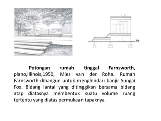 Potongan rumah tinggal Farnsworth, 
plano,Illinois,1950, Mies van der Rohe. Rumah 
Farnsworth dibangun untuk menghindari banjir Sungai 
Fox. Bidang lantai yang ditinggikan bersama bidang 
atap diatasnya membentuk suatu volume ruang 
tertentu yang diatas permukaan tapaknya. 
 