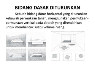 BIDANG DASAR DITURUNKAN 
Sebuah bidang datar horizontal yang diturunkan 
kebawah permukaan tanah, menggunakan permukaan-permukaan 
vertikal pada daerah yang direndahkan 
untuk membentuk suatu volume ruang. 
 
