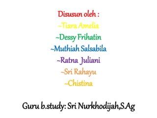 Disusun oleh :
~Tiara Amelia
~Dessy Frihatin
~Muthiah Salsabila
~Ratna Juliani
~Sri Rahayu
~Chistina
Guru b.study: Sri Nurkhodijah,S.Ag
 