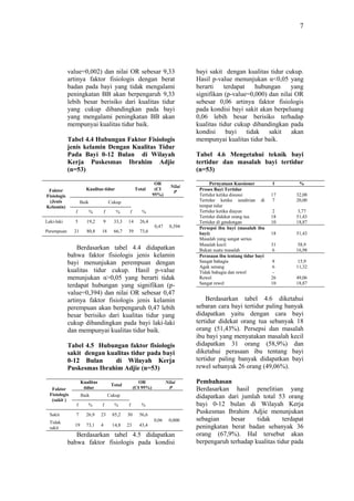 7
value=0,002) dan nilai OR sebesar 9,33
artinya faktor fisiologis dengan berat
badan pada bayi yang tidak mengalami
peningkatan BB akan berpengaruh 9,33
lebih besar berisiko dari kualitas tidur
yang cukup dibandingkan pada bayi
yang mengalami peningkatan BB akan
mempunyai kualitas tidur baik.
Tabel 4.4 Hubungan Faktor Fisiologis
jenis kelamin Dengan Kualitas Tidur
Pada Bayi 0-12 Bulan di Wilayah
Kerja Puskesmas Ibrahim Adjie
(n=53)
Faktor
Fisiologis
(Jenis
Kelamin)
Kualitas tidur Total
OR
(CI
95%)
Nilai
P
Baik Cukup
f % f % f %
Laki-laki 5 19,2 9 33,3 14 26,4
0,47 0,394
Perempuan 21 80,8 18 66,7 39 73,6
Berdasarkan tabel 4.4 didapatkan
bahwa faktor fisiologis jenis kelamin
bayi menunjukan perempuan dengan
kualitas tidur cukup. Hasil p-value
menunjukan α>0,05 yang berarti tidak
terdapat hubungan yang signifikan (p-
value=0,394) dan nilai OR sebesar 0,47
artinya faktor fisiologis jenis kelamin
perempuan akan berpengaruh 0,47 lebih
besar berisiko dari kualitas tidur yang
cukup dibandingkan pada bayi laki-laki
dan mempunyai kualitas tidur baik.
Tabel 4.5 Hubungan faktor fisiologis
sakit dengan kualitas tidur pada bayi
0-12 Bulan di Wilayah Kerja
Puskesmas Ibrahim Adjie (n=53)
Faktor
Fisiologis
(sakit )
Kualitas
tidur
Total
OR
(CI 95%)
Nilai
P
Baik Cukup
f % f % f %
Sakit 7 26,9 23 85,2 30 56,6
0,06 0,000Tidak
sakit
19 73,1 4 14,8 23 43,4
Berdasarkan tabel 4.5 didapatkan
bahwa faktor fisiologis pada kondisi
bayi sakit dengan kualitas tidur cukup.
Hasil p-value menunjukan α<0,05 yang
berarti terdapat hubungan yang
signifikan (p-value=0,000) dan nilai OR
sebesar 0,06 artinya faktor fisiologis
pada kondisi bayi sakit akan berpeluang
0,06 lebih besar berisiko terhadap
kualitas tidur cukup dibandingkan pada
kondisi bayi tidak sakit akan
mempunyai kualitas tidur baik.
Tabel 4.6 Mengetahui teknik bayi
tertidur dan masalah bayi tertidur
(n=53)
Pernyataan Kuesioner f %
Proses Bayi Tertidur
Tertidur ketika disusui
Tertidur ketika sendirian di
tempat tidur
Tertidur ketika diayun
Tertidur didekat orang tua
Tertidur di gendongan
17
7
2
18
10
32,08
20,00
3,77
51,43
18,87
Persepsi ibu bayi (masalah ibu
bayi)
Masalah yang sangat serius
18 51,43
Masalah kecil
Bukan suatu masalah
31
6
58,9
16,98
Perasaan ibu tentang tidur bayi
Sangat bahagia
Agak senang
Tidak bahagia dan rewel
Rewel
Sangat rewel
8
6
-
26
10
15,9
11,32
49,06
18,87
Berdasarkan tabel 4.6 diketahui
sebaran cara bayi tertidur paling banyak
didapatkan yaitu dengan cara bayi
tertidur didekat orang tua sebanyak 18
orang (51,43%). Persepsi dan masalah
ibu bayi yang menyatakan masalah kecil
didapatkan 31 orang (58,9%) dan
diketahui perasaan ibu tentang bayi
tertidur paling banyak didapatkan bayi
rewel sebanyak 26 orang (49,06%).
Pembahasan
Berdasarkan hasil penelitian yang
didapatkan dari jumlah total 53 orang
bayi 0-12 bulan di Wilayah Kerja
Puskesmas Ibrahim Adjie menunjukan
sebagian besar tidak terdapat
peningkatan berat badan sebanyak 36
orang (67,9%). Hal tersebut akan
berpengaruh terhadap kualitas tidur pada
 