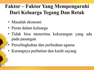 Faktor – Faktor Yang Mempengaruhi
Dari Keluarga Tegang Dan Retak
• Masalah ekonomi
• Peran dalam keluarga
• Tidak bisa menerima kekurangan yang ada
pada pasangan
• Perselingkuhan dan perbedaan agama
• Kurangnya perhatian dan kasih sayang
 