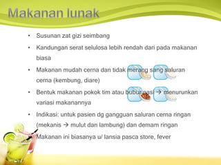 Susunan zat gizi seimbang Kandungan serat selulosa lebih rendah dari pada makanan biasa Makanan mudah cerna dan tidak merang sang saluran cerna (kembung, diare) Bentuk makanan pokok tim atau bubur nasi    menurunkan variasi makanannya Indikasi: untuk pasien dg gangguan saluran cerna ringan (mekanis    mulut dan lambung) dan demam ringan Makanan ini biasanya u/ lansia pasca store,  fever 