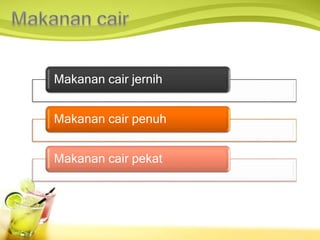 Makanan cair jernih
Makanan cair penuh
Makanan cair pekat
 