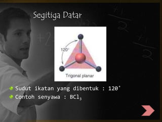 Segitiga Datar 
Sudut ikatan yang dibentuk : 120˚ 
Contoh senyawa : BCl3 
 