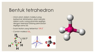 Bentuk tetrahedron
◦ Atom-atom dalam molekul yang
berbentuk tetrahedron akan berada
dalam suatu ruang piramida segitiga
dengan keempat bidang permukaan
segitiga sama sisi.
◦ Sudut ikatan yang terbentuk 109,5˚
◦ Contoh molekul CH4
 