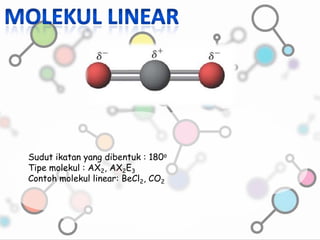 Sudut ikatan yang dibentuk : 180o
Tipe molekul : AX2, AX2E3
Contoh molekul linear: BeCl2, CO2

 