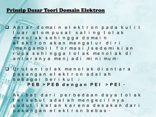 Prinsip Dasar Teori Domain Elektron
 A n t a r d o ma i n e l e k t r o n p a d a k u l i t
l u a r a t o m p u s a t s a l i n g t o l a k
me n o l a k s e h i n g g a d o ma i n
e l e k t r o n a k a n me n g a t u r d i r i
(m e n g a m b i l f o r m a s i ) s e d e m i k i a n
r u p a s e h i n g g a t o l a k me n o l a k d i
a n t a r a n y a me n j a d i mi n i mu m.
 U r u t a n t o l a k me n o l a k d i a n t a r a
p a s a n g a n e l e k t r o n a d a l a h
s e b a g a i b e r i k u t :
PEB > PEB de nga n PEI > PEI .
A
t
s
p

k
e
u
a

i
r
d
s

b
s
u
a

a
e
t
n

t d a
b u t
i k a
g a n

r
a
t
e

i
d
a
l

p e r b e d
a l a h me
n k a r e n
e k t r o n

a
n
a
b

a n d a y a t o l a k
g e c i l n y a
d e s a k a n d a r i
e b a s .

 