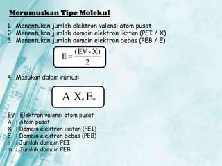 Merumuskan Tipe Molekul
1. Menentukan jumlah elektron valensi atom pusat
2. Menentukan jumlah domain elektron ikatan (PEI / X)
3. Menentukan jumlah domain elektron bebas (PEB / E)

E

(EV - X)
2

4. Masukan dalam rumus:

AX E
n

m

EV : Elektron valensi atom pusat
A : Atom pusat
X : Domain elektron ikatan (PEI)
E : Domain elektron bebas (PEB)
n : Jumlah domain PEI
m : Jumlah domain PEB

 