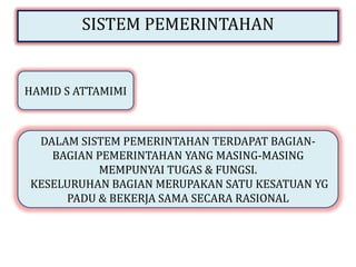 SISTEM PEMERINTAHAN


HAMID S ATTAMIMI



 DALAM SISTEM PEMERINTAHAN TERDAPAT BAGIAN-
   BAGIAN PEMERINTAHAN YANG MASING-MASING
          MEMPUNYAI TUGAS & FUNGSI.
KESELURUHAN BAGIAN MERUPAKAN SATU KESATUAN YG
     PADU & BEKERJA SAMA SECARA RASIONAL
 