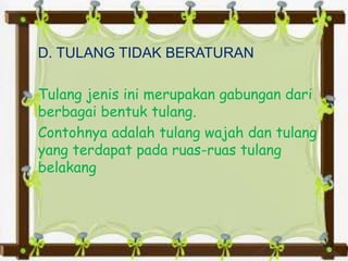 D. TULANG TIDAK BERATURAN
Tulang jenis ini merupakan gabungan dari
berbagai bentuk tulang.
Contohnya adalah tulang wajah dan tulang
yang terdapat pada ruas-ruas tulang
belakang
 