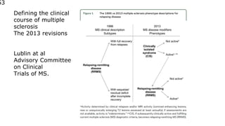 53
Defining the clinical
course of multiple
sclerosis
The 2013 revisions
Lublin at al
Advisory Committee
on Clinical
Trials of MS.
 