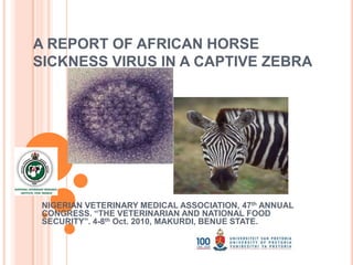 A REPORT OF AFRICAN HORSE
SICKNESS VIRUS IN A CAPTIVE ZEBRA




 NIGERIAN VETERINARY MEDICAL ASSOCIATION, 47th ANNUAL
 CONGRESS. “THE VETERINARIAN AND NATIONAL FOOD
 SECURITY”. 4-8th Oct. 2010, MAKURDI, BENUE STATE.
 