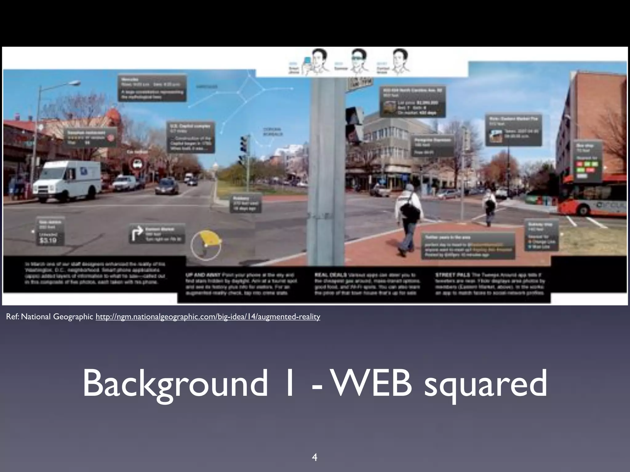 Ref: National Geographic http://ngm.nationalgeographic.com/big-idea/14/augmented-reality




                     Background 1 - WEB squared
                                                                                     4
 