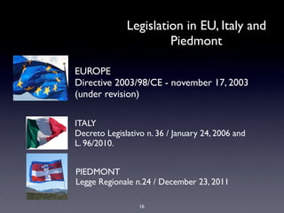 Legislation in EU, Italy and
                       Piedmont

EUROPE
Directive 2003/98/CE - november 17, 2003
(under revision)

ITALY
Decreto Legislativo n. 36 / January 24, 2006 and 
L. 96/2010.


PIEDMONT
Legge Regionale n.24 / December 23, 2011

                  16
 