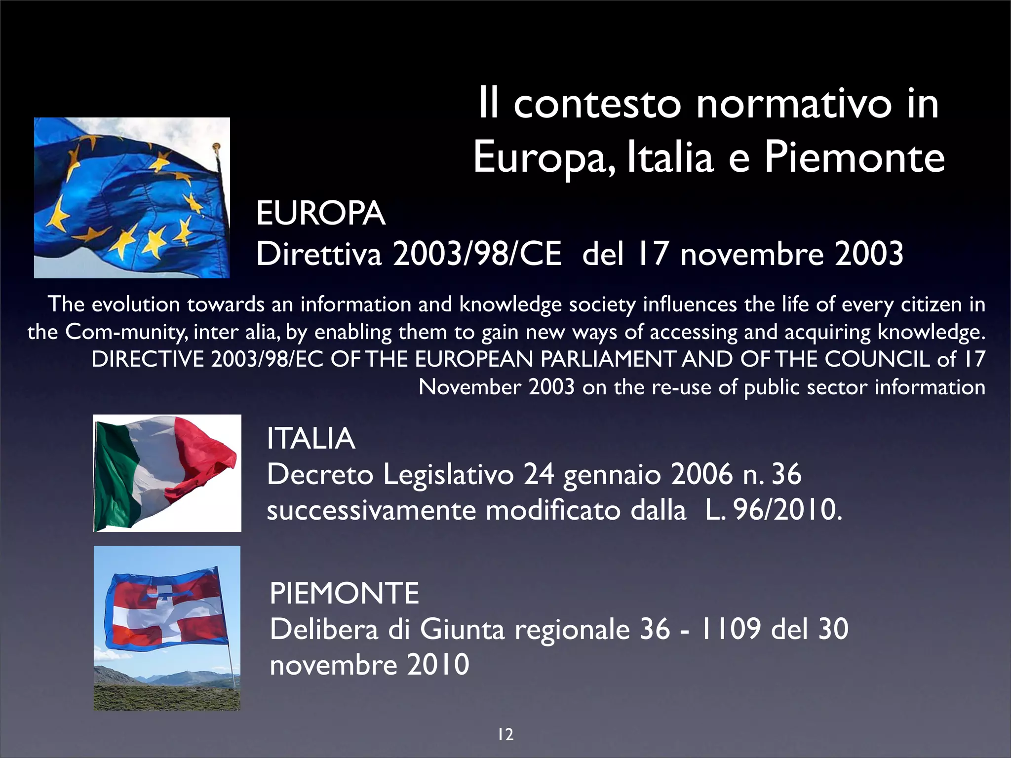 Il contesto normativo in
                                             Europa, Italia e Piemonte
                       EUROPA
                       Direttiva 2003/98/CE del 17 novembre 2003
  The evolution towards an information and knowledge society inﬂuences the life of every citizen in
the Com-munity, inter alia, by enabling them to gain new ways of accessing and acquiring knowledge.
      DIRECTIVE 2003/98/EC OF THE EUROPEAN PARLIAMENT AND OF THE COUNCIL of 17
                                          November 2003 on the re-use of public sector information

                        ITALIA
                        Decreto Legislativo 24 gennaio 2006 n. 36
                        successivamente modiﬁcato dalla  L. 96/2010.

                        PIEMONTE
                        Delibera di Giunta regionale 36 - 1109 del 30
                        novembre 2010

                                                12
 