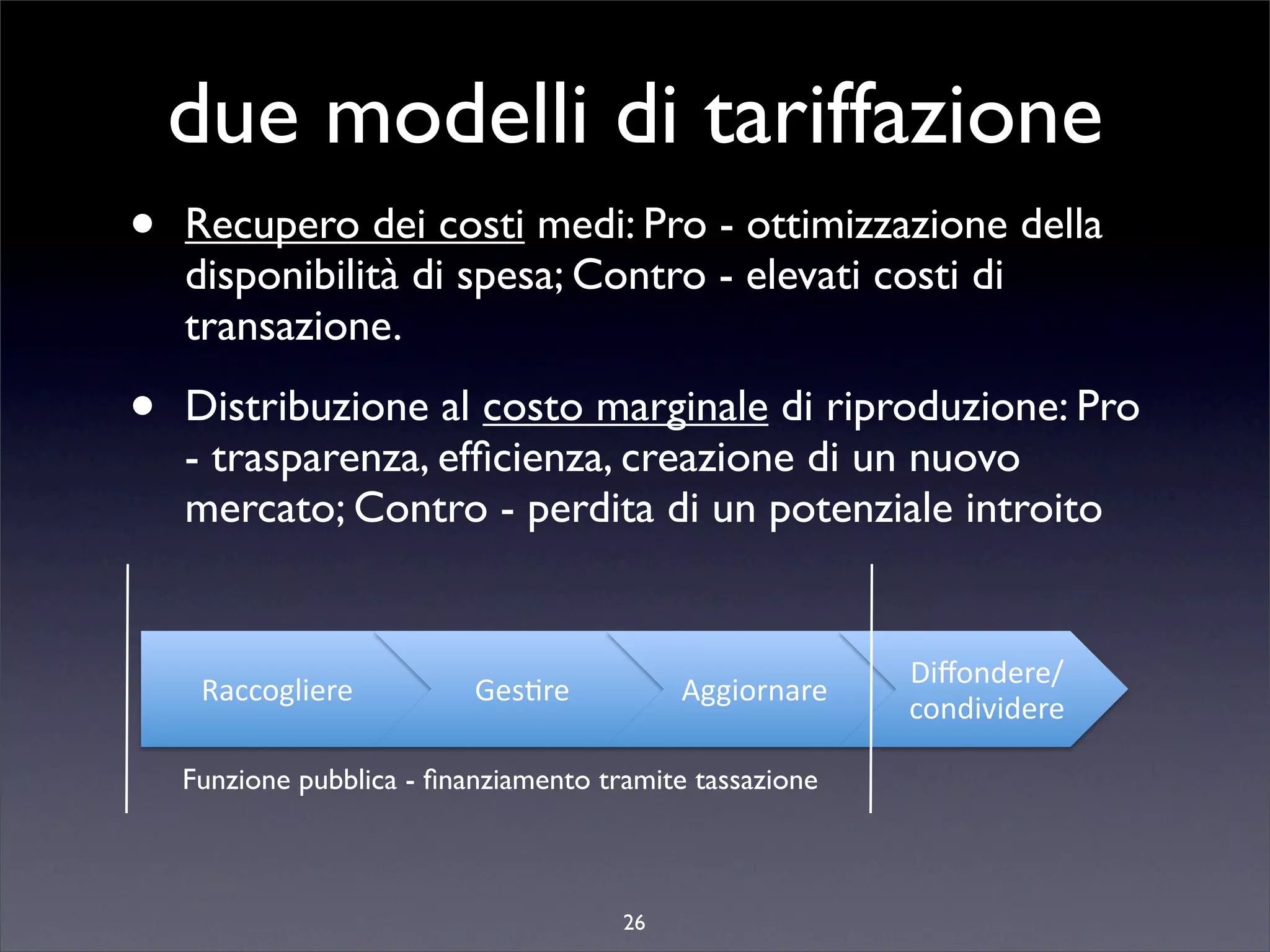due modelli di tariffazione
•   Recupero dei costi medi: Pro - ottimizzazione della
    disponibilità di spesa; Contro - elevati costi di
    transazione.

•   Distribuzione al costo marginale di riproduzione: Pro
    - trasparenza, efﬁcienza, creazione di un nuovo
    mercato; Contro - perdita di un potenziale introito


                                                          0'1$/2()(3
     !"##$%&'()(*          +(,-)(*          .%%'$)/")(*
                                                          #$/2'4'2()(*

    Funzione pubblica - ﬁnanziamento tramite tassazione



                                       26
 