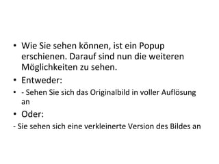 • Wie Sie sehen können, ist ein Popup
erschienen. Darauf sind nun am unteren Rand
die weiteren Möglichkeiten zu sehen.
• Entweder:
• - Sehen Sie sich das Originalbild in voller Auflösung
an
• Oder:
- Sehen Sie sich eine verkleinerte Version des Bildes an
 