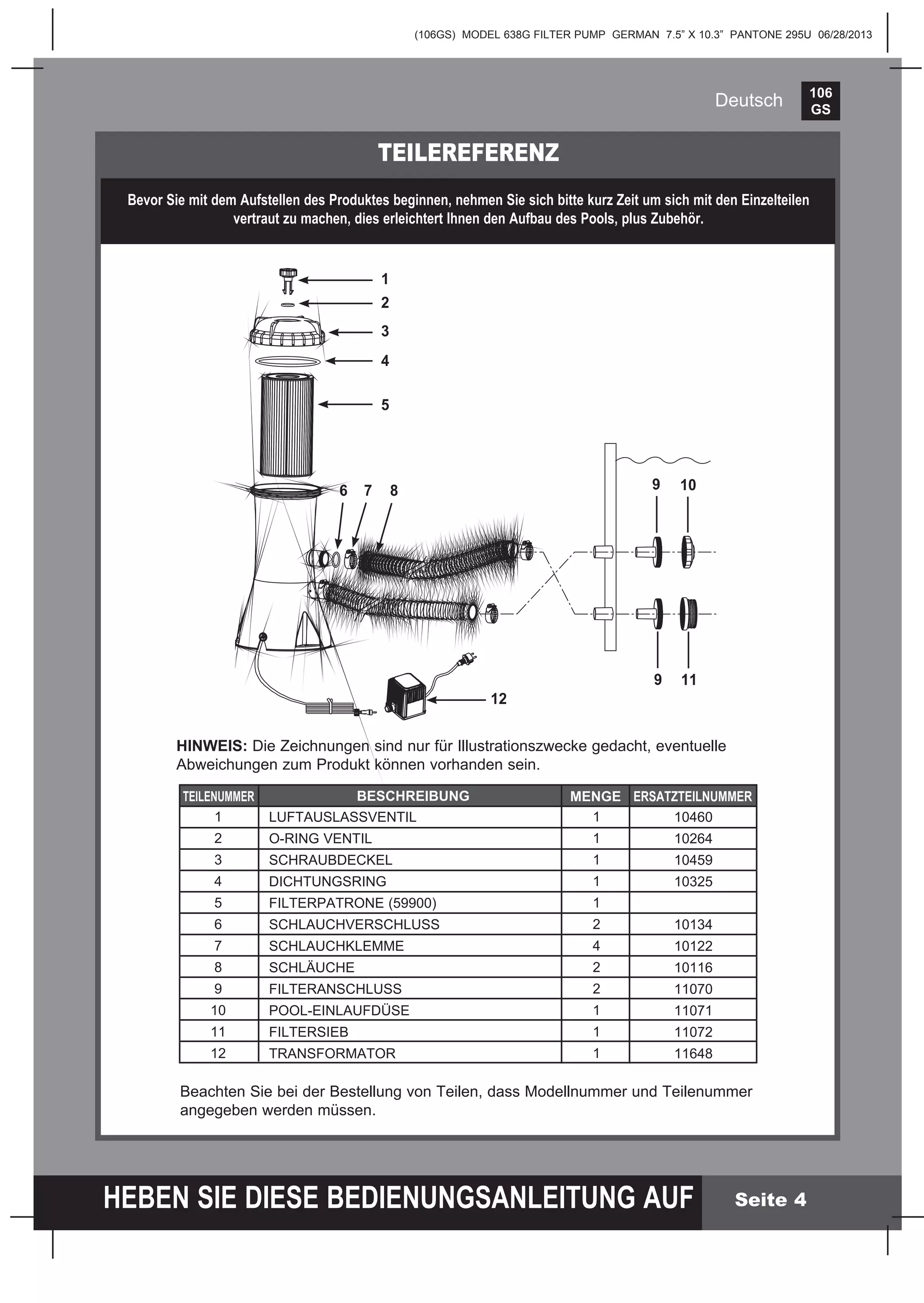 106
GS
HEBEN SIE DIESE BEDIENUNGSANLEITUNG AUF
(106GS) MODEL 638G FILTER PUMP GERMAN 7.5” X 10.3” PANTONE 295U 06/28/2013
Deutsch
Seite 4
TEILEREFERENZ
Bevor Sie mit dem Aufstellen des Produktes beginnen, nehmen Sie sich bitte kurz Zeit um sich mit den Einzelteilen
vertraut zu machen, dies erleichtert Ihnen den Aufbau des Pools, plus Zubehör.
Beachten Sie bei der Bestellung von Teilen, dass Modellnummer und Teilenummer
angegeben werden müssen.
1
2
3
4
5
6
7
8
9
10
11
12
TEILENUMMER BESCHREIBUNG MENGE ERSATZTEILNUMMER
1
1
1
1
1
2
4
2
2
1
1
1
LUFTAUSLASSVENTIL
O-RING VENTIL
SCHRAUBDECKEL
DICHTUNGSRING
FILTERPATRONE (59900)
SCHLAUCHVERSCHLUSS 
SCHLAUCHKLEMME
SCHLÄUCHE
FILTERANSCHLUSS
POOL-EINLAUFDÜSE
FILTERSIEB
TRANSFORMATOR
10460
10264
10459
10325
10134
10122
10116
11070
11071
11072
11648
HINWEIS: Die Zeichnungen sind nur für Illustrationszwecke gedacht, eventuelle
Abweichungen zum Produkt können vorhanden sein.
6 7 8 9
9
12
1
2
3
4
5
11
10
 