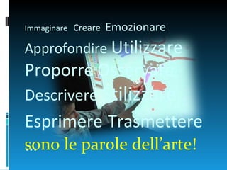 Immaginare Creare   Emozionare
Approfondire Utilizzare
Proporre Osservare
Descrivere Stilizzare
Esprimere Trasmettere
…
sono le parole dell’arte!
 