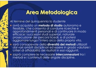 Area Metodologica
Al termine del quinquennio lo studente
  avrà acquisito un metodo di studio autonomo e
  flessibile, che consenta di condurre ricerche e
  approfondimenti personali e di continuare in modo
  efficace i successivi studi superiori, naturale
  prosecuzione dei percorsi liceali, e di potersi
  aggiornare lungo l’intero arco della propria vita.
  sarà consapevole della diversità dei metodi utilizzati
  dai vari ambiti disciplinari ed essere in grado valutare i
  criteri di affidabilità dei risultati in essi raggiunti.
  saprà compiere le necessarie interconnessioni tra i
  metodi e i contenuti delle singole discipline.
 