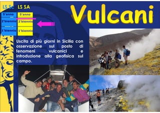 LS Sc LS SA
5°anno
 °        5°anno
           °

2°biennio 2°biennio
 °         °


1°biennio 1°biennio
 °         °


         Uscita di più giorni in Sicilia con
         osservazione     sul    posto     di
         fenomeni        vulcanici         e
         introduzione alla geofisica sul
         campo.
 