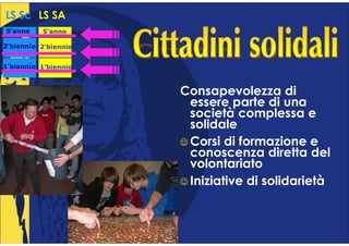 LS Sc LS SA
5°anno
 °        5°anno
           °

2°biennio 2°biennio
 °         °


1°biennio 1°biennio
 °         °



                      Consapevolezza di
                        essere parte di una
                        società complessa e
                        solidale
                      ☺ Corsi di formazione e
                        conoscenza diretta del
                        volontariato
                      ☺ Iniziative di solidarietà
 